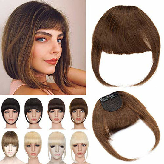 Picture of S-noilite Clip in Human Hair Bangs with Temples Thick Clip in Blunt Cut Hairpieces 100% Real Human Hair Natural Clip on Fringe Extensions 2 Clips 23g For Women Pretty Gift #4 Medium Brown