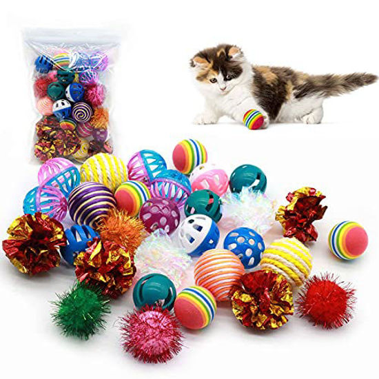 Picture of LASOCUHOO Cat Toys Balls, Kitten Ball Toys Assortments, Including Rainbow Ball, Crinkle Ball, Sparkle Ball, Bell Balls, Sisal Ball, Linen Ball for Cats and Kitten 30 PCS