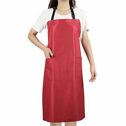 Picture of Waterproof Rubber Vinyl Apron for Women - Chemical Resistant Work Cloth with 2 Pockets - Adjustable Bib Butcher Apron - Best for DishWashing, Lab Work, Dog Grooming, Cleaning Fish (Red)