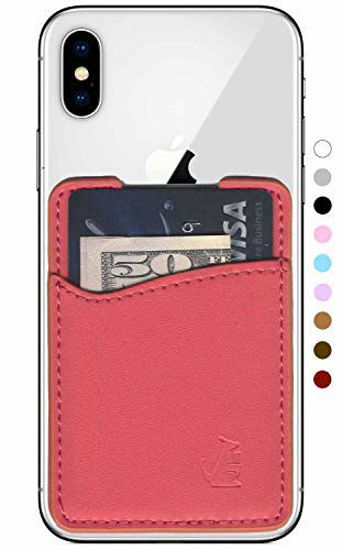 Picture of Premium Leather Phone Card Holder Stick On Wallet for iPhone and Android Smartphones (Coral Leather)