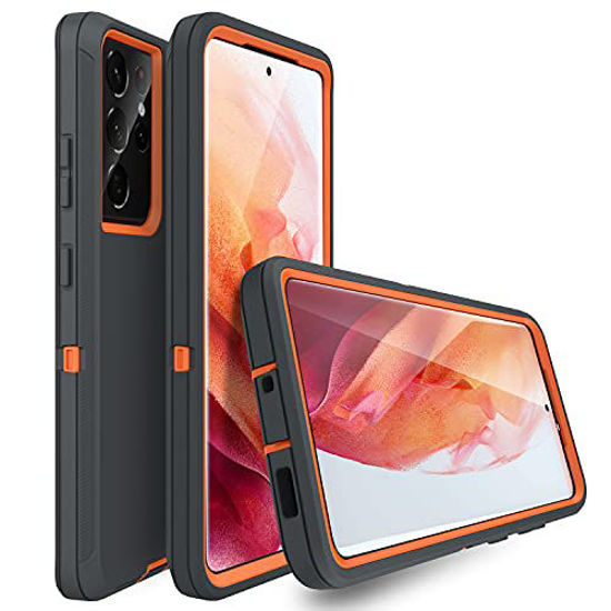 Picture of MXX Case Compatible with Galaxy S21 Ultra, 3-Layer Super Full Heavy Duty Body Bumper Cover/Shock Protection/Dust Proof, Designed for Samsung Galaxy S21 Ultra 5g (6.8 Inch) 2021 - (Orange/Gray)