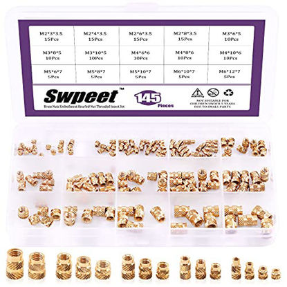 Picture of Swpeet 145Pcs 5 Values M2 M3 M4 M5 M6 Female Thread Knurled Nuts Brass Threaded Insert Embedment Nuts Hydraulic Welded Joint Injection Molding Assortment Kit Perfect for 3D Printing Injection Molding