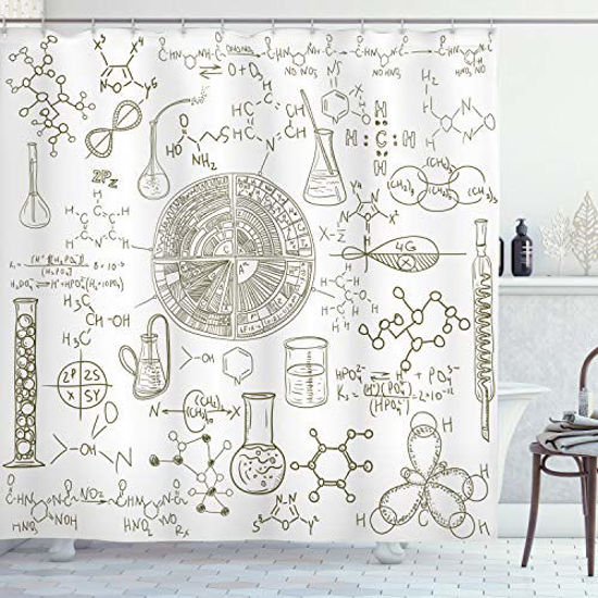 Picture of Ambesonne Science Shower Curtain, Science Theme Hand Drawn Style Chemistry Laboratory Illustration, Cloth Fabric Bathroom Decor Set with Hooks, 84" Long Extra, White Umber