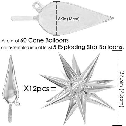 Picture of 60 Pcs Silver Explosion Star Balloons, Foil Cone Mylar Starburst Balloons, Point Star Balloons Party Decoration Supplies for Birthday Wedding Christmas Anniversary Backdrop