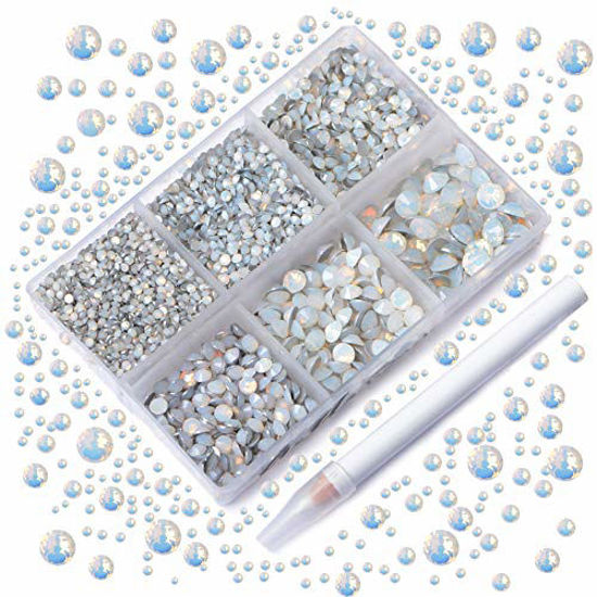 Picture of AD Beads 4300 Pieces Flat Back Nail Art Rhinestones Round Beads 6 Sizes (2-6.5mm) with Storage Organizer Box,Rhinestones Picking Pen for Nail Art Phone Decorations Crafts DIY (Opal White)