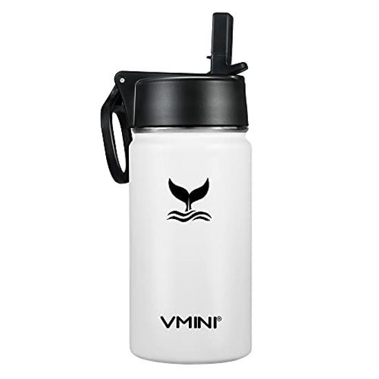 Picture of Vmini Water Bottle with Straw, Kids Water Bottle with Wide Rotating Handle Straw Lid, Wide Mouth Vacuum Insulated Stainless Steel Water Bottle, White, 12 oz