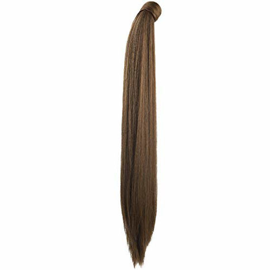 Picture of SEIKEA 28 Inch Clip in Ponytail Extension Wrap Around Long Straight Pony Tail Hair Synthetic Hairpiece for Women Color Medium Brown with Medium Auburn