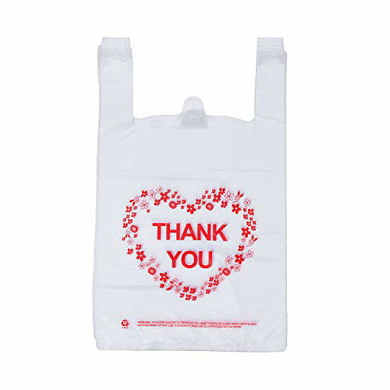 Picture of LazyMe Thank You T Shirt Bags Plastic Grocery Bags White Sturdy Handled Merchandise Bags,Standard Supermarket Size, 12 x 20 inch (100 pcs)