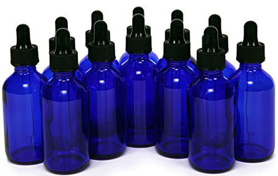 Picture of 12, Cobalt Blue, 2 oz, Glass Bottles, with Glass Eye Droppers