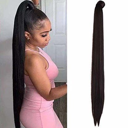 Picture of SEIKEA 35 Inch Clip in Ponytail Extension Wrap Around Long Straight Pony Tail Hair Synthetic Hairpiece for Women -Dark Brown