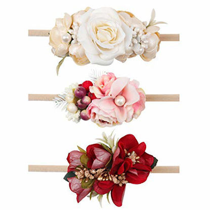 Picture of Oaoleer Baby Girl Floral Headbands Set - 3pcs Flower Headbands Newborn Toddler Hair Accessories