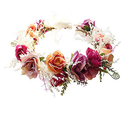 Picture of DDazzling Women Flower Headband Wreath Crown Floral Wedding Garland Wedding Festivals Photo Props (Purple Pink Ivory)