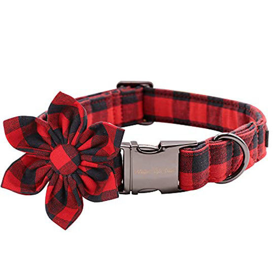 Picture of Uniqe Style Paws Christmas Grid Dog Collar, Female or Male Adjustable Dog Collar with Flower, Durable Floral Pattern Pet Collar for X-Small Dogs and Cats