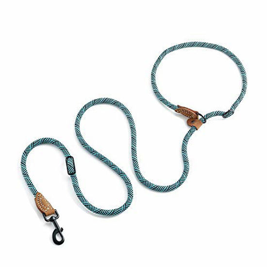 Picture of Mile High Life | Dog Rope Leash with Genuine Leather Tailored Connection | Dog Slip Lead | Dual Configuration | with Heavy Duty Metal Sturdy Clasp (Turquoise Green 8 FT Hand Free)