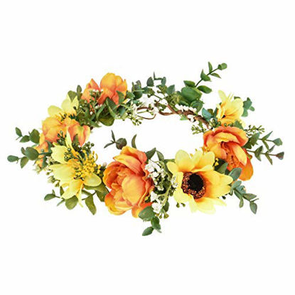 Picture of DDazzling Women Flower Headband Wreath Crown Floral Wedding Garland Wedding Festivals Photo Props (Yellow Sunflower Green Leaf)