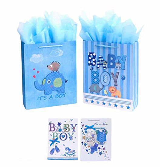 Picture of Medium Baby Gift Bags 2-Pack and Handmade Greeting Cards 2-Pack for Baby Showers (Blue)