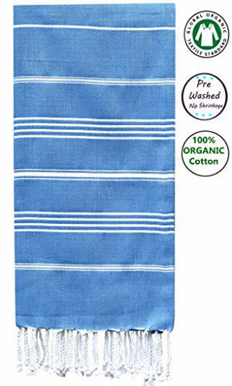 Picture of GOTS Certified Organic | Pre Washed Pestemal Peshtemal Towel | Super Soft | Absorbent | Stylish No Shrinkage Bath Towel | Beach Towel 100% Cotton | 37x70 Inches (Organic Directoire Blue)