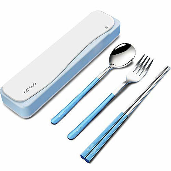 Picture of DEVICO Travel Utensils, 18/8 Stainless Steel 4pcs Cutlery Set Portable Camp Reusable Flatware Silverware, Include Fork Spoon Chopsticks with Case (Blue)