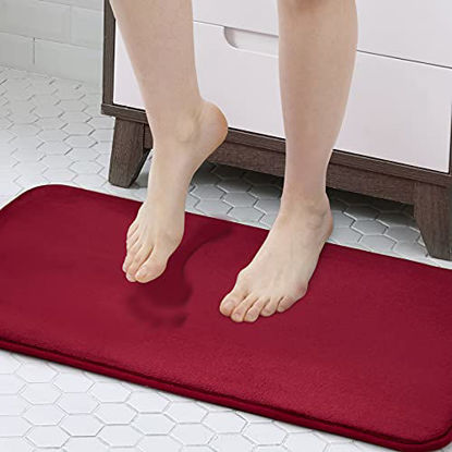 Picture of Walensee Extra Thick Memory Foam Bath Rug (17x24 Red) Non Slip Absorbent Super Cozy Velvet Bathroom Mat, Luxury Soft Plush Small Carpet for Bath Room Shower Floor Tub, Machine Wash Dry
