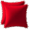 Picture of DEZENE Throw Pillow Covers 16x16 Red: 2 Pack Cozy Soft Pom-poms Velvet Square Decorative Pillow Cases for Farmhouse Home Decor