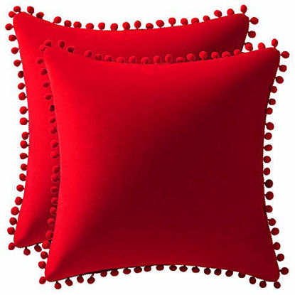 Picture of DEZENE Throw Pillow Covers 16x16 Red: 2 Pack Cozy Soft Pom-poms Velvet Square Decorative Pillow Cases for Farmhouse Home Decor