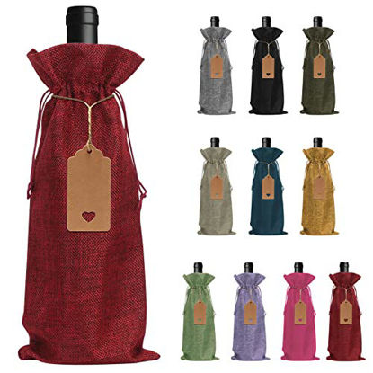 Picture of FYY Burlap Wine Gift Bags, 10 Pcs Christmas Wine Bottle Cover with Drawstring, 10 Tags and Ropes for Christmas, Wedding, Birthday, Holiday Party