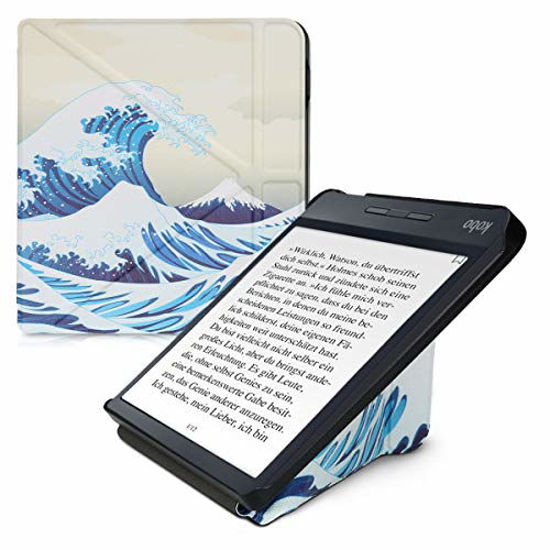 Picture of kwmobile Origami Case Compatible with Kobo Libra H2O - Case Slim Premium PU Leather Cover with Stand - Japenese Wave Blue/White/Beige