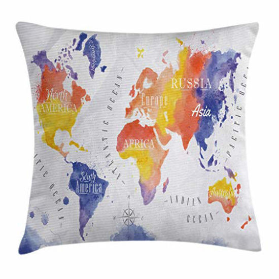 Picture of Ambesonne Modern Throw Pillow Cushion Cover, Watercolor Style World Map with Continents and Compass Abstract Country Art Print, Decorative Square Accent Pillow Case, 18" X 18", Purple Orange