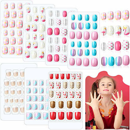 Picture of 168 Pieces Girls Press on Nails 7 Days Fake Nails Artificial Nail Tips Children Full Cover Short False Fingernails for Girls Kids Gift Nail Art Decoration, 7 Boxes (Dreamy Girl)