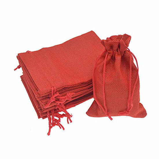 Picture of Bezall 50pcs Drawstring Burlap Jute Sacks Jewelry Candy Pouch Christmas Wedding Party Favor Gift Bags (Red, 2.7 x 3.5)