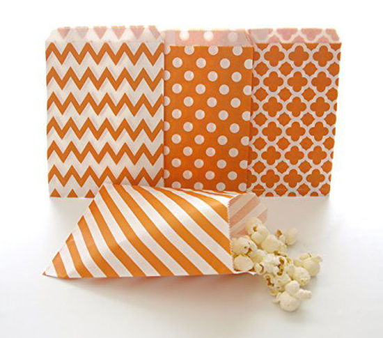 Picture of Orange Party Goody Bags (100 Pack) - Fall Birthday or Autumn Wedding Favors - Halloween Candy Buffet Paper Bags