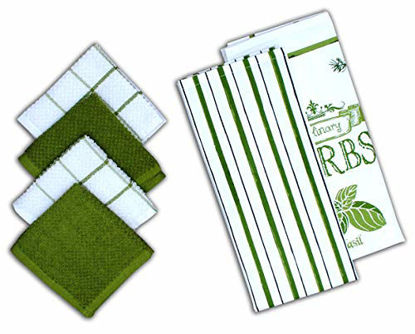 Picture of AMOUR INFINI Herb Garden 6 Pack Kitchen Set | 2 Decorative Kitchen Towels (28 x 18) and 4 Terry Dishcloths (12 x 12) | 100% Cotton Machine Washable | Super-Soft and Ultra Absorbent | Green