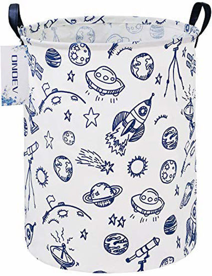 Picture of ONOEV Round Folding Laundry Hamper, Canvas Basket,Nersury Hamper,Suitable for Children,Office,Bedroom,Clothes,Toys Storage(Blue Planet)