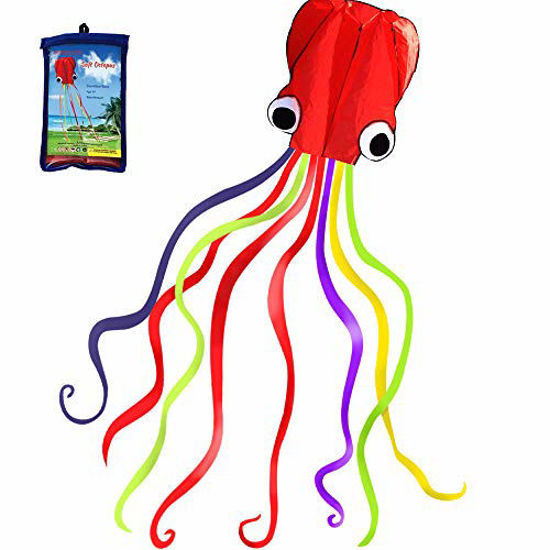 Picture of Hengda Kite Software Octopus Flyer Kite with Long Colorful Tail for Kids, 31-Inch Wide x 157-Inch Long, Large, Red