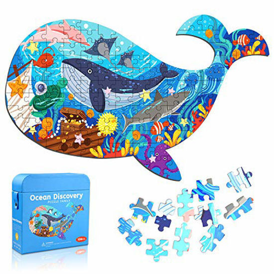 Picture of Jigsaw Puzzles for Kids Ages 4-8, 105 Pieces Whale Shaped Cardboard Puzzles for Animal Lovers, Sturdy Floor Puzzles Box and Poster, Educational Toys Gift for Boys Girls, 23.38 x 14.72 Inch