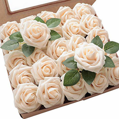 Picture of Floroom Artificial Foam Flowers 25pcs Real Looking Cream Fake Roses with Stems for DIY Wedding Bouquets Bridal Shower Centerpieces Floral Arrangements Party Tables Home Decorations