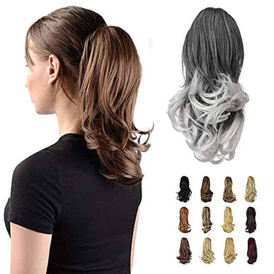 Picture of Sofeiyan 13" Ponytail Extension Long Curly Ponytail Clip in Claw Hair Extension Natural Looking Synthetic Hairpiece for Women, Gray mix