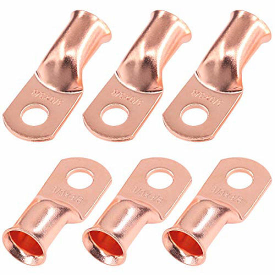 Picture of Rustark 6 Pack AWG Heavy Duty Battery Lug Connector, 3/0AWG-3/8'' Bare Copper Eyelets, Closed End Crimp Connectors, Tubular Ring Terminals, UL Listed Wire Lugs(3/0 AWG-3/8'' Ring)