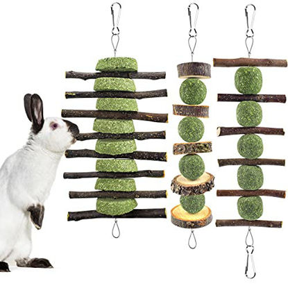 Picture of ERKOON 3PCS Bunny Chew Toys, Rabbit Chew Toys for Teeth Grinding, Improve Dental Health, 100% Natural Apple Wood Timothy Grass Cake Treats for Rabbits Bunnies Hamsters Chinchillas Guinea Pigs