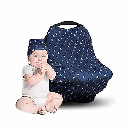 Picture of Cool Beans Baby Car Seat Canopy and Nursing Cover | Multiuse - Soft and Stretchy Fabric Easily Covers High Chairs, Shopping Carts, Car Seats | Bonus Infant Baby Beanie and Bag (Anchors on Blue)