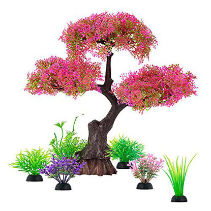 Picture of Aquarium Artificial Plastic Plants Decoration, Pink Cherry Blossom Tree & Grass Aquarium Decor, Goldfish Tank Decorations Set, Betta Fish Tank Hides Complete Tree Decoration KitPink