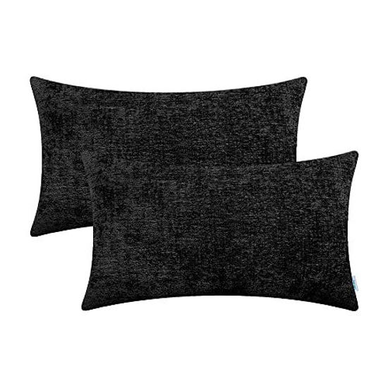 Picture of CaliTime Pack of 2 Cozy Pillow Covers Cases for Couch Sofa Home Decoration Solid Dyed Soft Chenille 12 X 20 Inches Black