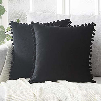 Picture of Top Finel Decorative Throw Pillow Covers with Pom Poms Soft Particles Velvet Solid Cushion Covers 16 X 16 for Couch Bedroom Car, Pack of 2, Black