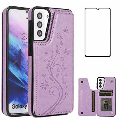 Picture of Phone Case for Samsung Galaxy S21 Glaxay S 21 5G 6.2 inch with Tempered Glass Screen Protector and Card Holder Wallet Cover Stand Flip Leather Cell Accessories Gaxaly 21S G5 Cases Women Girl Purple