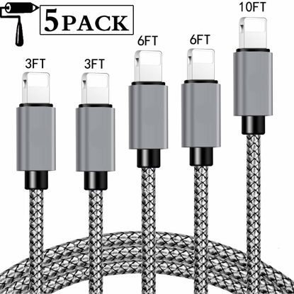 Picture of iPhone Charger, Lightning Cable MFi Certified 5Pack(3/3/6/6/10 FT) Extra Long Nylon Braided USB Charging&Syncing Cord Compatible iPhone Xs/XS Max/XR/X/7/7Plus/8/8Plus/6S/6SPlus/SE/5/Ipad More (Grey)