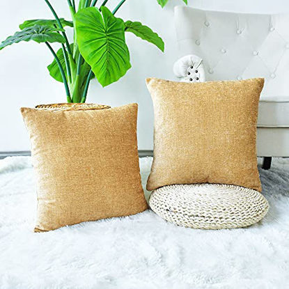 Picture of CaliTime Pack of 2 Cozy Throw Pillow Covers Cases for Couch Sofa Home Decoration Solid Dyed Soft Chenille 16 X 16 Inches Gold