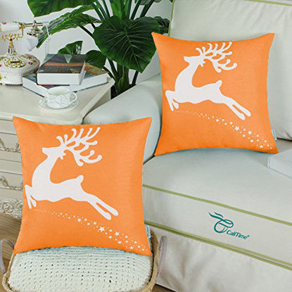 Picture of CaliTime Pack of 2 Soft Canvas Throw Pillow Covers Cases for Couch Sofa Home Decoration Christmas Holiday Reindeer with Stars Print 18 X 18 Inches Bright Orange