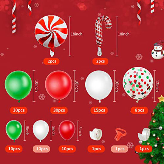 Picture of Christmas Balloon Garland Kit, JOGAMS 117 Pack Christmas Balloon Arch with Red Green White Balloons Candy Cane Windmill Foil Balloons for Birthday Christmas Party Decorations Xmas Supplies