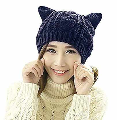 Picture of Amberetech Cute Woollike Knitted CAT Kitty Ears Women Lady Girl Headgear Crochet Hats (deep Blue)