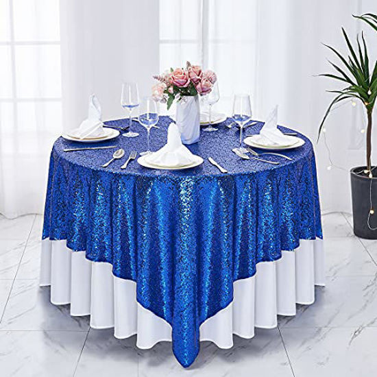 Picture of Hahuho 50x50 inch Square Sequin Tablecloth Royal Blue, Glitter Tablecloth for Bridal Shower Decorations, Birthday, Wedding, Dessert, Banquet50x50 Inch, Royal Blue